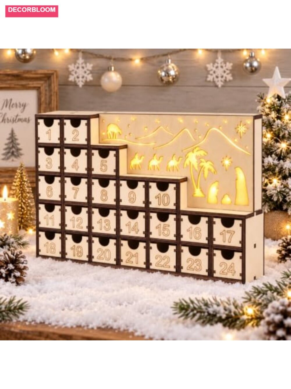 Wooden Christmas Advent Calendar 24 Drawers Light Up Nativity Countdown